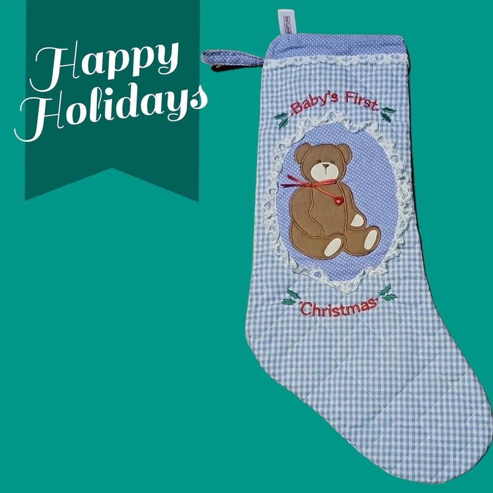 Heartline Baby's First Christmas Stocking Quilted Blue Gingham Teddy Bear